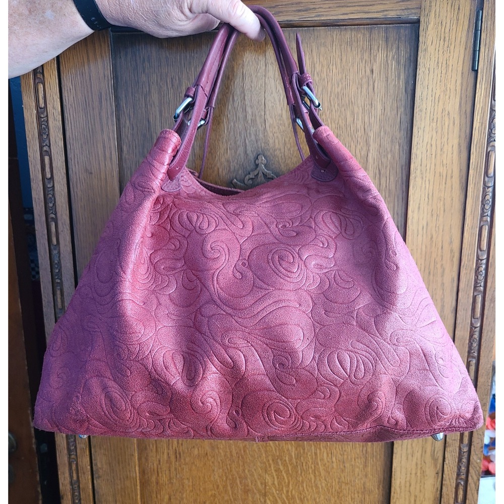 Isadora Made in Italy Red Embossed Leather Hobo Bag Tote Large Swirl Pattern